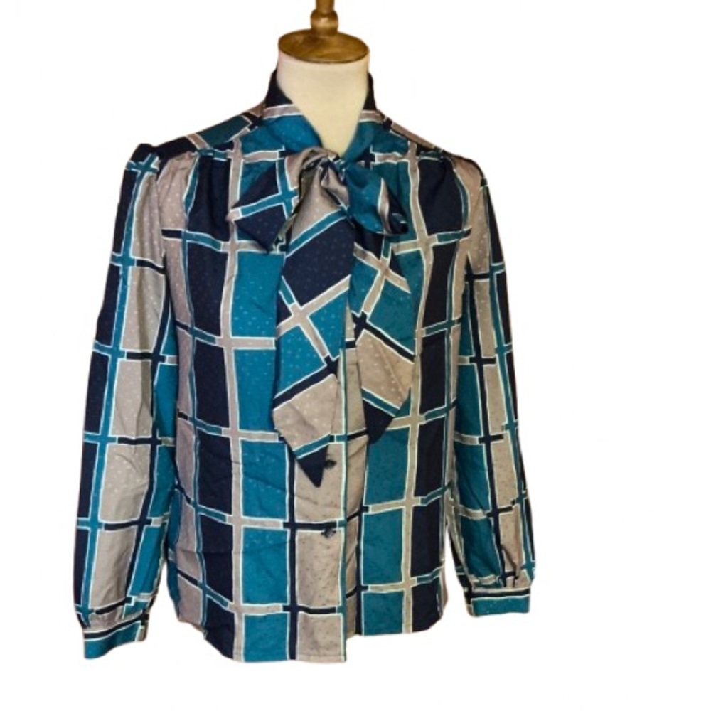 Vtg 70s geometric squares secretary bow top